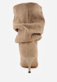 Renee - Ciemnobeżowe Botki na Szpilce Typu Slouchy Anitai. Kolor: beżowy. Materiał: jeans. Obcas: na szpilce #9