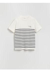 Reserved - T-shirt regular w paski - biały. Kolor: biały. Materiał: bawełna, dzianina. Wzór: paski