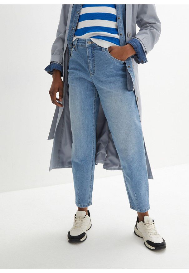 bonprix - Dżinsy Barrel, high waist, cropped. Stan: podwyższony. Kolor: niebieski
