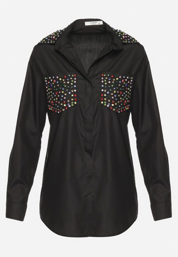 Born2be - Czarna Koszula o Klasycznym Kroju Ozdobiona Cyrkoniami Eiremsa. Kolor: czarny. Wzór: aplikacja. Styl: klasyczny