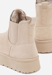 Born2be - Beżowe Śniegowce na Grubej Podeszwie w Stylu Sztybletów Avrenna. Okazja: na co dzień. Kolor: beżowy. Materiał: jeans. Styl: casual, klasyczny