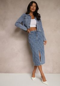 Renee - Niebieska Spódnica Jeansowa z Bawełny High Waist Ozdobiona Przetarciami Carithwen. Okazja: na co dzień. Stan: podwyższony. Kolor: niebieski. Materiał: bawełna, jeans. Wzór: aplikacja. Styl: casual, elegancki