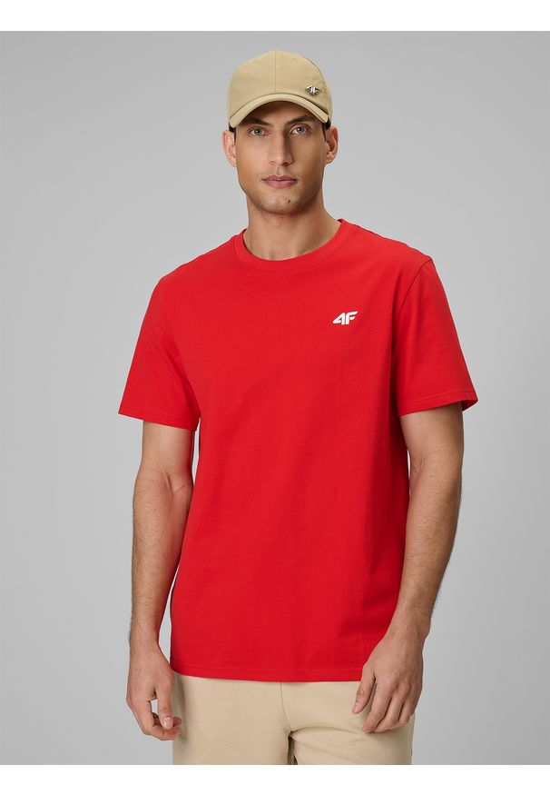 4f - 4F T-shirt regular gładki męski - czerwony S. Okazja: na co dzień. Kolor: czerwony. Materiał: materiał. Wzór: gładki. Styl: klasyczny, casual