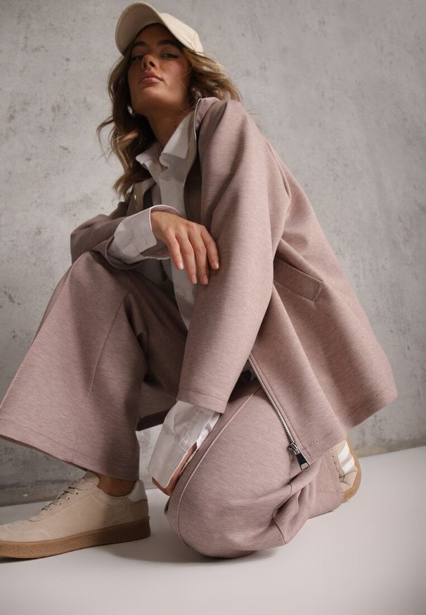 Renee - Beżowy Komplet Dresowy z Dzianiny z Wiskozą Bluza i Spodnie Wide Leg Nevelida. Kolor: beżowy. Materiał: dzianina, wiskoza, dresówka