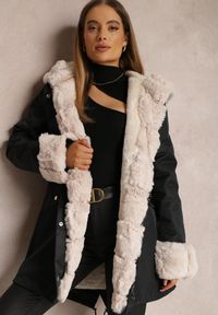 Renee - Czarno-Beżowa Kurtka Parka z Futerkiem Teyo. Kolor: czarny. Materiał: futro. Sezon: zima, jesień #4