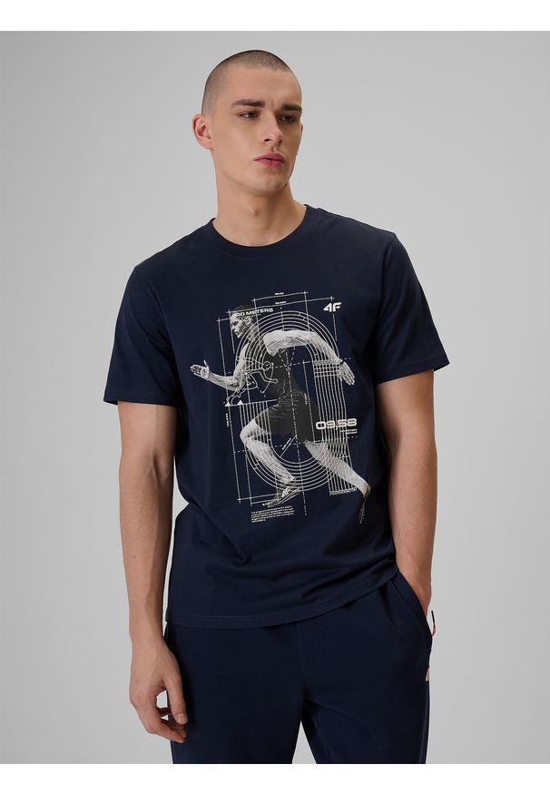 4f - 4F T-shirt regular z nadrukiem męski - niebieski L. Okazja: na co dzień. Kolor: niebieski. Materiał: dzianina, bawełna, dresówka, jeans. Wzór: nadruk. Styl: casual, klasyczny