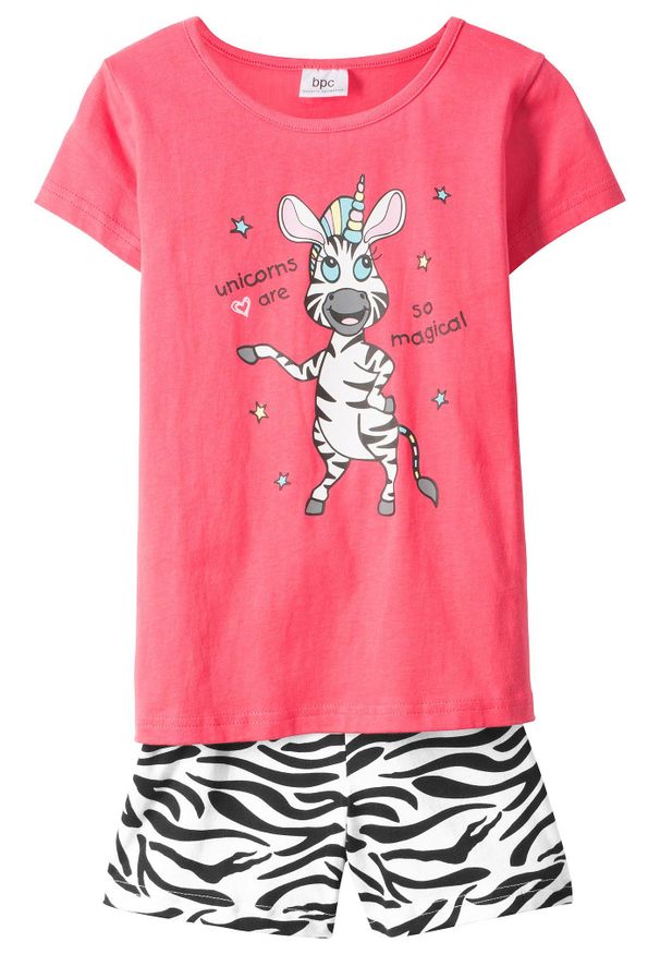 bonprix - Piżama z krótkimi spodniami z czystej bawełny organicznej (2 części). Kolor: różowy. Materiał: bawełna. Długość: krótkie. Wzór: motyw zwierzęcy, nadruk, paski