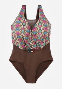Born2be - Brązowy Kopertowy Strój Kąpielowy Jednoczęściowy z Siateczką i Paskiem Raera. Kolor: brązowy. Materiał: len #5