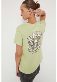 Vans t-shirt bawełniany kolor zielony. Kolor: zielony. Materiał: bawełna. Długość rękawa: krótki rękaw. Długość: krótkie. Wzór: nadruk #1
