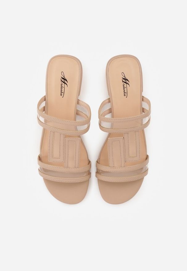 Renee - Ciemnobeżowe Klapki Ozdobione Geometrycznym Motywem Nysathei. Okazja: na co dzień. Kolor: beżowy. Wzór: geometria, aplikacja. Sezon: lato. Styl: casual