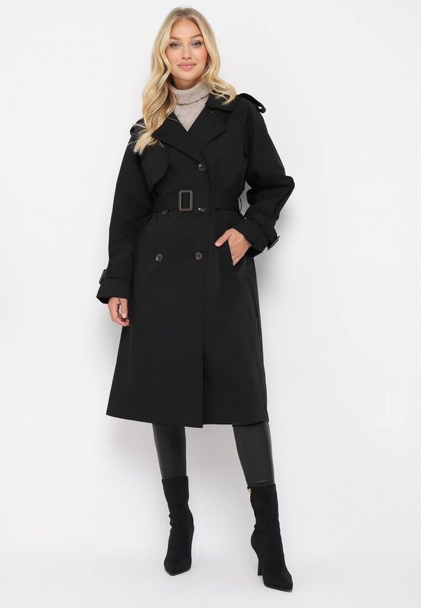 Born2be - Czarny Płaszcz Trencz Dwurzędowy z Paskiem Cloimia. Okazja: na co dzień. Kolor: czarny. Materiał: dzianina. Długość rękawa: długi rękaw. Długość: do kolan. Styl: casual, klasyczny, elegancki, wizytowy