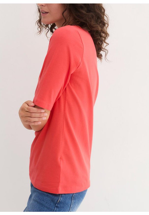 bonprix - Shirt z dekoltem w łódkę, krótki rękaw, z bawełny organicznej. Kolor: czerwony. Materiał: bawełna. Długość rękawa: krótki rękaw. Długość: krótkie. Wzór: gładki. Styl: sportowy