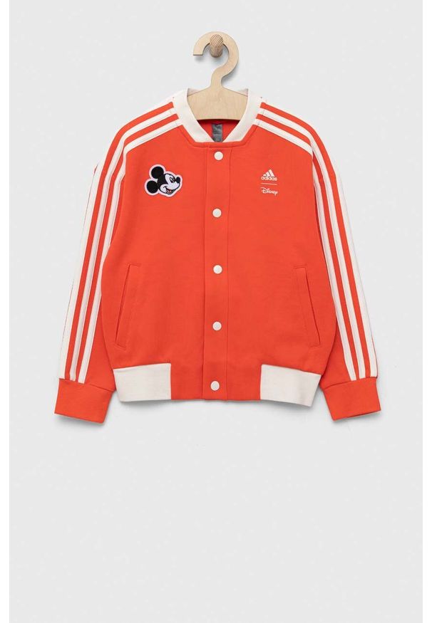 Adidas - adidas bluza dziecięca x Disney kolor pomarańczowy z aplikacją. Kolor: pomarańczowy. Materiał: poliester, dzianina. Wzór: aplikacja, motyw z bajki