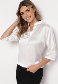 Born2be - Biała Bluzka z Dłuższym Tyłem i Podpinanymi Rękawami Rohia. Kolor: biały. Materiał: jeans. Długość rękawa: długi rękaw. Długość: długie #3