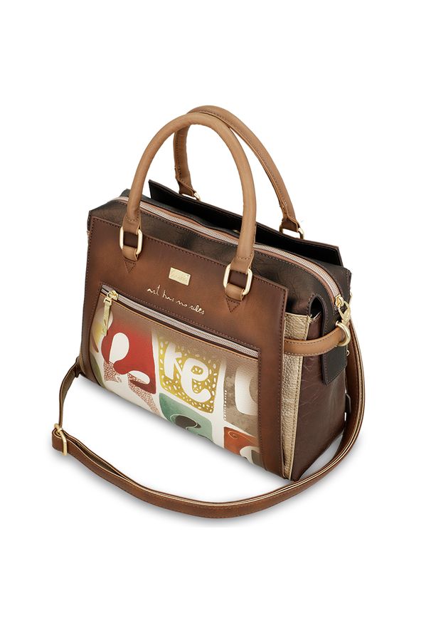 Brązowa Duża Damska Torebka Anekke. Kolor: brązowy. Wzór: aplikacja. Materiał: zdobione. Styl: casual, elegancki