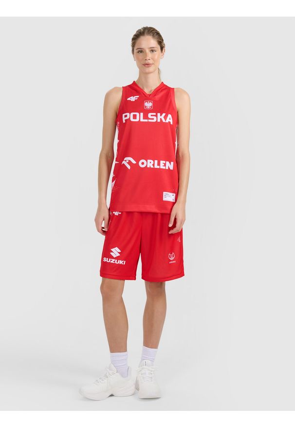 4f - 4F Koszulka reprezentacyjna z możliwością personalizacji damska 4F x PZKOSZ - czerwona XL. Typ kołnierza: dekolt w serek. Kolor: czerwony. Materiał: syntetyk, włókno, materiał. Wzór: nadruk, napisy. Styl: klasyczny, sportowy