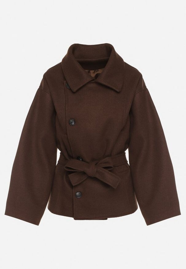 Born2be - Brązowy Krótki Płaszcz z Wiskozą o Pudełkowym Kroju z Wiązanym Paskiem i Kołnierzem Tusilia. Okazja: na co dzień. Kolor: brązowy. Materiał: wiskoza. Długość: krótkie. Styl: casual, klasyczny