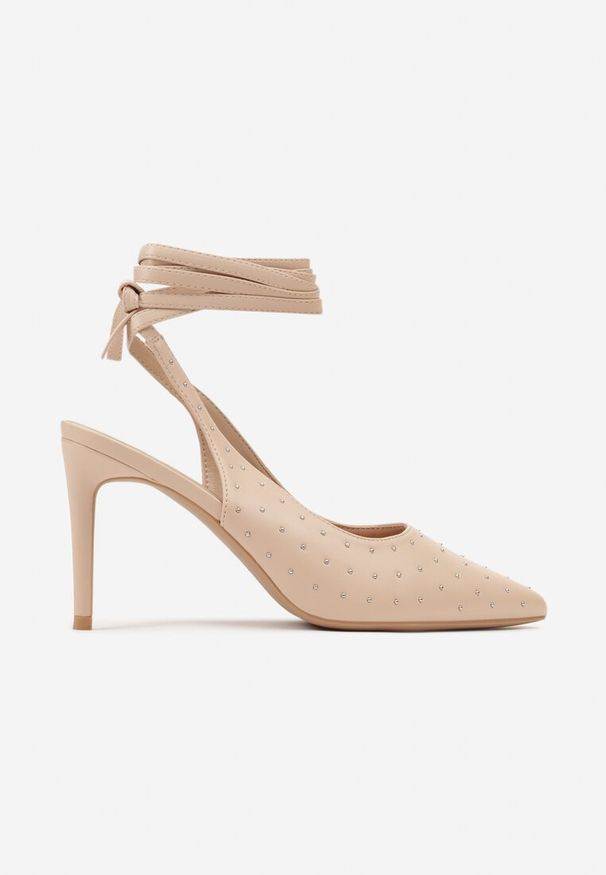 Renee - Beżowe Sandały na Szpilce z Wiązanymi Rzemykami i Cyrkoniami Jenglla. Kolor: beżowy. Obcas: na szpilce. Styl: wizytowy, elegancki