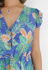 Born2be - Niebieska Sukienka Mini z Gumką w Talii i Falbankami z Wiskozy Calanna. Typ kołnierza: kołnierz z falbankami. Kolor: niebieski. Materiał: wiskoza. Sezon: wiosna, lato. Długość: mini #4