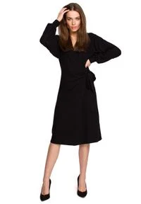 MOE - Dzianinowa Sukienka Kopertowa - Czarna. Kolor: czarny. Materiał: dzianina. Typ sukienki: kopertowe