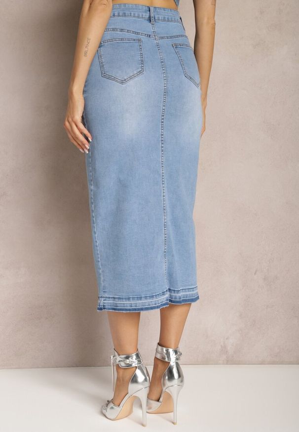 Renee - Niebieska Jeansowa Spódnica Midi High Waist z Rozcięciem Lushio. Stan: podwyższony. Kolor: niebieski. Materiał: jeans. Styl: klasyczny