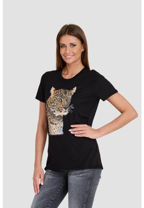 Guess - GUESS Czarny damski T-shirt Leopard Jewel Easy Tee, Rozmiar S. Kolor: czarny