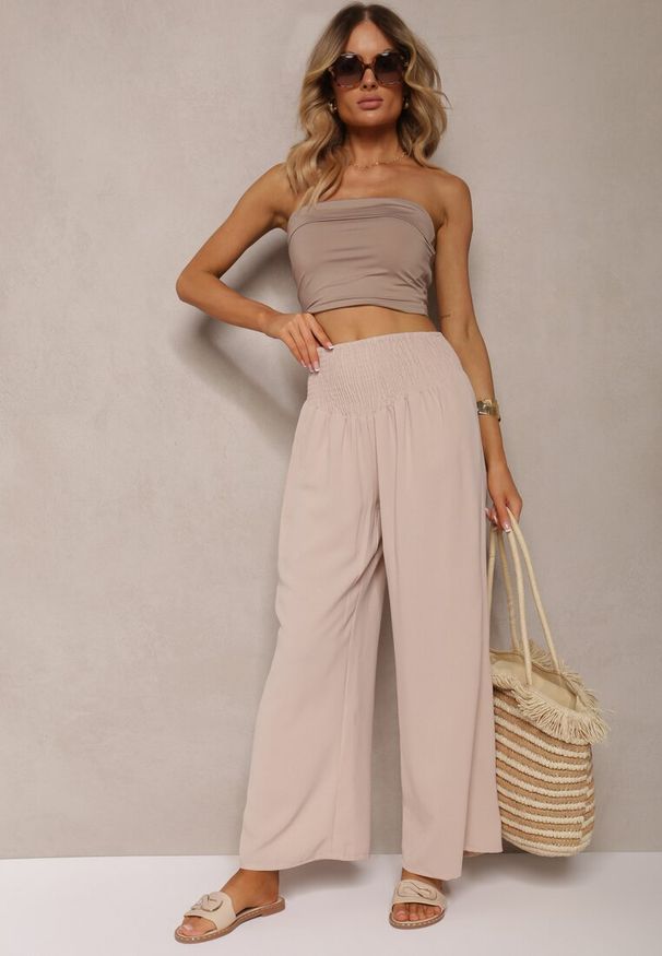 Renee - Beżowe Spodnie Kuloty High Waist z Gumką w Talii Lipadre. Stan: podwyższony. Kolor: beżowy. Długość: krótkie