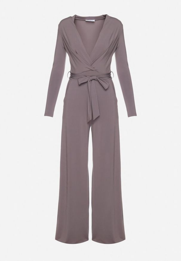 Born2be - Szary Kombinezon z Kopertowym Dekoltem Cizine. Okazja: na co dzień. Kolor: szary. Długość rękawa: długi rękaw. Długość: długie. Styl: casual