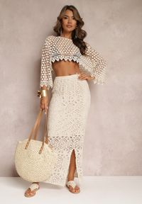 Renee - Beżowa Bawełniana Bluzka w Ażurowym Stylu Kettelie. Kolor: beżowy. Materiał: bawełna. Wzór: ażurowy. Sezon: lato, wiosna #4