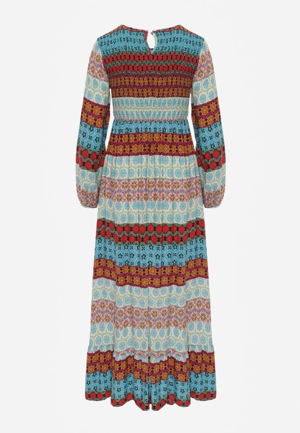 Renee - Niebiesko-Czerwona Rozkloszowana Sukienka Maxi z Falbanką na Dole Angon. Kolor: niebieski. Długość rękawa: długi rękaw. Sezon: wiosna. Długość: maxi