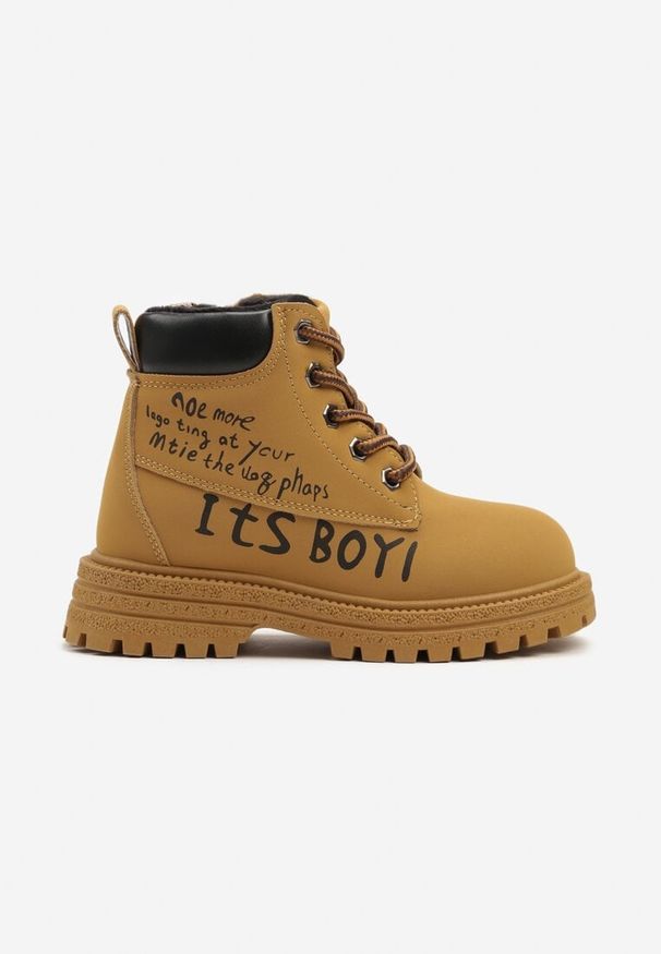 Born2be - Brązowe Płaskie Botki Traperki z Napisami Wericea. Okazja: na co dzień. Kolor: brązowy. Materiał: jeans. Wzór: napisy. Styl: casual, elegancki
