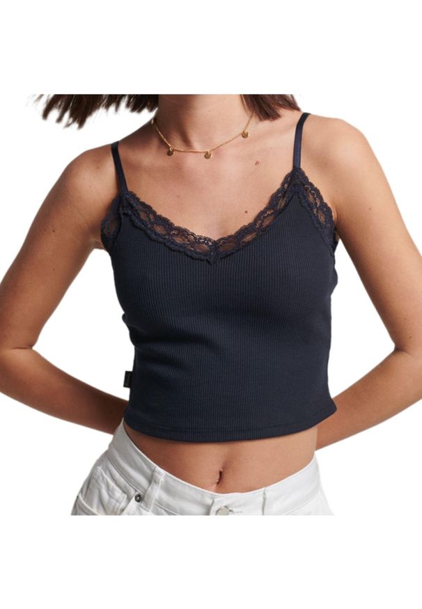 Koszulka turystyczna damska Superdry Vintage Rib Lave Top. Kolor: niebieski. Materiał: poliester, bawełna. Długość rękawa: na ramiączkach. Styl: vintage
