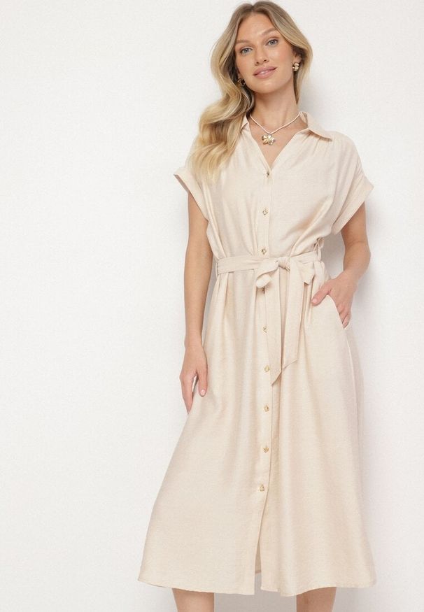 Born2be - Beżowa Wiskozowa Sukienka Koszulowa z Paskiem Rinaruna. Okazja: na co dzień. Kolor: beżowy. Materiał: wiskoza. Typ sukienki: koszulowe. Styl: elegancki, casual