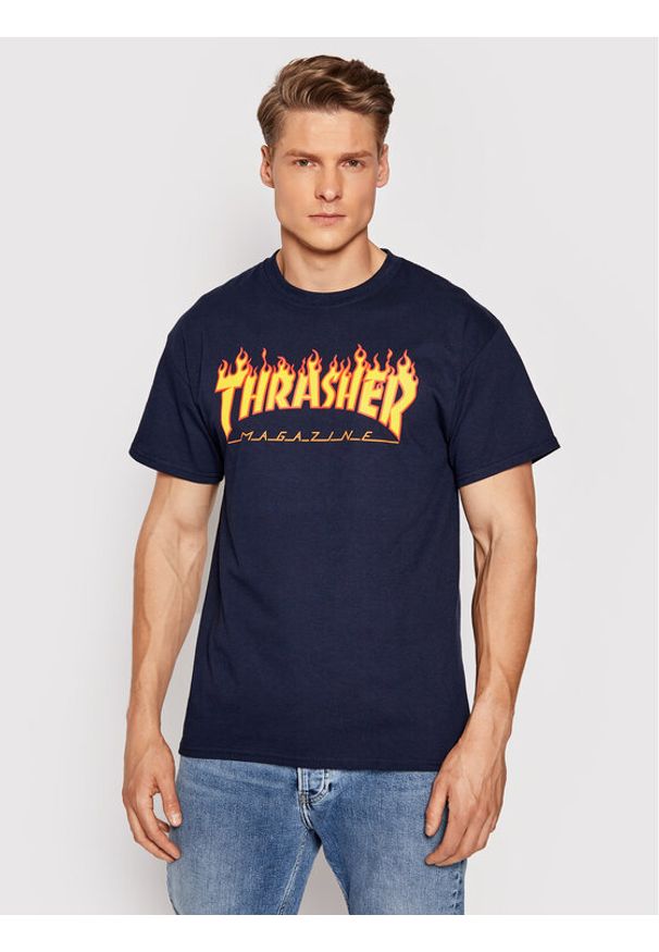 Thrasher T-Shirt Flame Granatowy Regular Fit. Kolor: niebieski. Materiał: bawełna