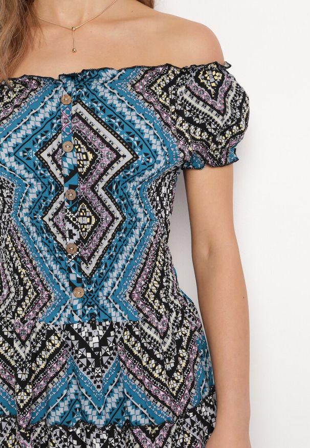 Born2be - Zielono-Czarna Sukienka Bawełniana Hiszpanka w Stylu Boho Raelinora. Typ kołnierza: dekolt hiszpanka. Kolor: zielony. Materiał: bawełna. Styl: boho