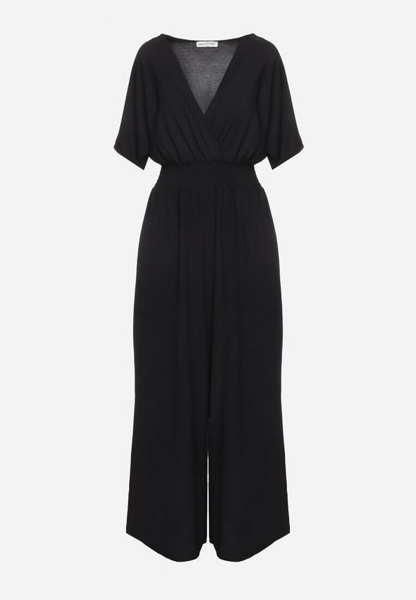Born2be - Czarny Kopertowy Kombinezon z Gumką w Talii i Szerokimi Nogawkami Vimashea. Okazja: na co dzień. Kolor: czarny. Styl: elegancki, casual