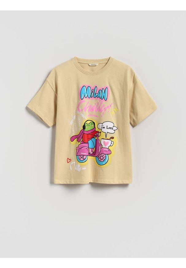 Reserved - Bawełniany t-shirt z nadrukiem - beżowy. Kolor: beżowy. Materiał: bawełna. Wzór: nadruk