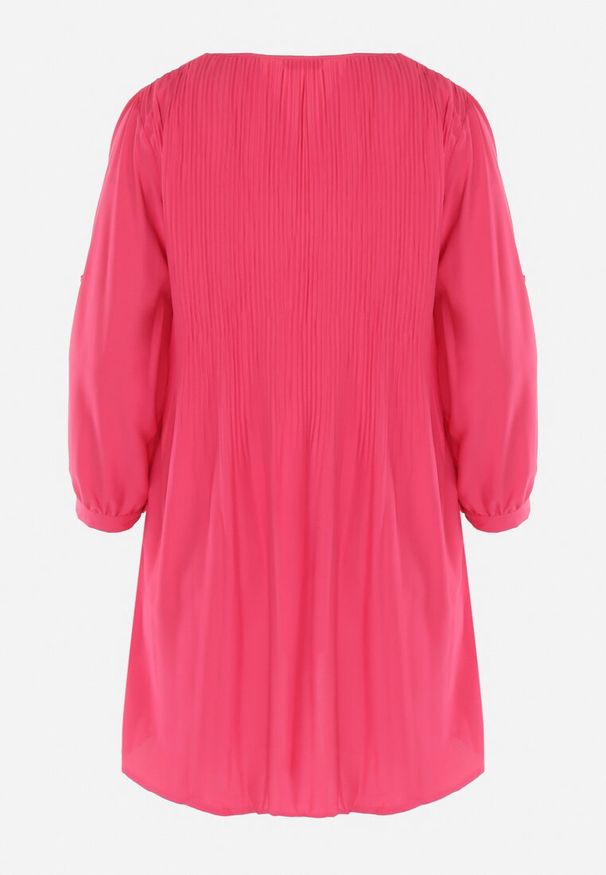 Born2be - Różowa Rozkloszowana Sukienka Mini z Plisowaniem Telesi. Kolekcja: plus size. Kolor: różowy. Długość rękawa: długi rękaw. Typ sukienki: dla puszystych. Długość: mini