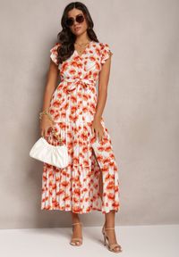 Renee - Pomarańczowa Rozkloszowana Sukienka Maxi w Kwiatowy Print z Gumką w Pasie Javiky. Typ kołnierza: kołnierz z falbankami. Kolor: pomarańczowy. Materiał: materiał. Wzór: kwiaty, nadruk. Typ sukienki: kopertowe. Długość: maxi #3