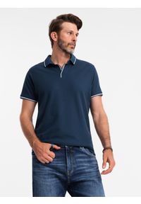 Ombre Clothing - Koszulka męska polo z dzianiny pique bez guzików - granatowa V3. Okazja: do pracy, na co dzień. Typ kołnierza: polo. Kolor: niebieski. Materiał: dzianina. Wzór: aplikacja, ze splotem, paski. Styl: klasyczny, sportowy, wizytowy, casual
