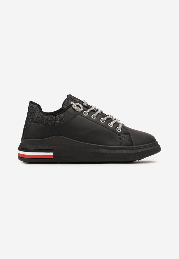 Born2be - Czarne Sneakersy z Biżuteryjnym Wiązaniem i Brokatowymi Wstawkami Eleria. Kolor: czarny. Wzór: aplikacja
