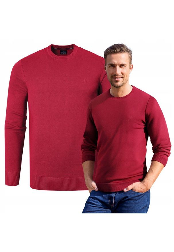 Bawełniany Sweter Męski, Okrągły Dekolt - Pako Jeans - Czerwony. Kolor: czerwony. Materiał: bawełna. Styl: elegancki, klasyczny