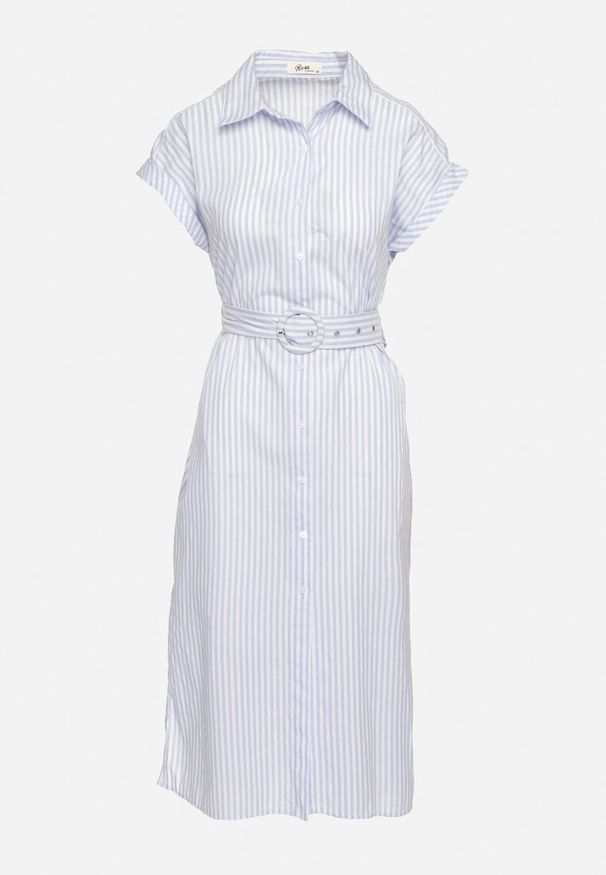 Born2be - Niebieska Bawełniana Sukienka Koszulowa z Materiałowym Paskiem w Talii Nelarinda. Typ kołnierza: kołnierzyk klasyczny. Kolor: niebieski. Materiał: bawełna, materiał. Typ sukienki: koszulowe. Styl: klasyczny, elegancki