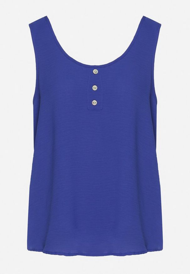 Born2be - Niebieski Top na Szerokich Ramiączkach Zdobiony Guzikami Jenadorea. Okazja: na co dzień. Kolor: niebieski. Materiał: jeans. Długość rękawa: na ramiączkach. Wzór: aplikacja. Sezon: lato. Styl: casual