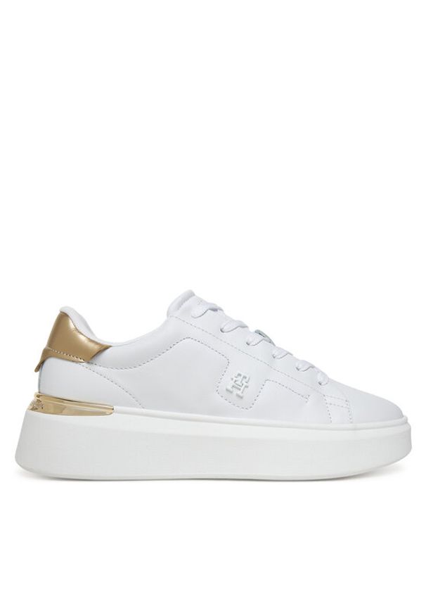 TOMMY HILFIGER - Tommy Hilfiger Sneakersy Chic Platform Gold FW0FW08817 Biały. Kolor: biały. Materiał: skóra. Obcas: na platformie
