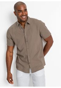 bonprix - Koszula z krótkim rękawem z przewiewnej mieszanki lnu. Kolor: brązowy. Materiał: len. Długość rękawa: krótki rękaw. Długość: krótkie. Sezon: lato #1