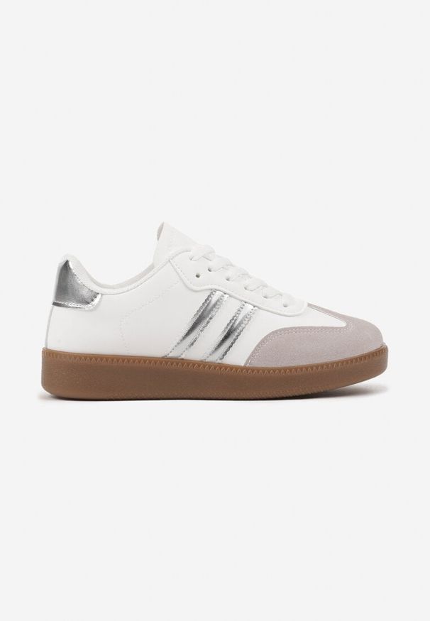 Renee - Srebrne Sneakersy na Płaskiej Podeszwie z Geometrycznym Zdobieniem Irinis. Okazja: na co dzień. Nosek buta: okrągły. Zapięcie: sznurówki. Kolor: biały. Wzór: aplikacja, geometria. Obcas: na płaskiej podeszwie. Wysokość obcasa: niski
