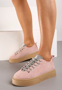 Renee - Różowe Sneakersy na Platformie ze Sznurowaniem z Cyrkoniami Oziana. Nosek buta: okrągły. Zapięcie: sznurówki. Kolor: różowy. Materiał: materiał. Obcas: na platformie. Wysokość obcasa: niski #2