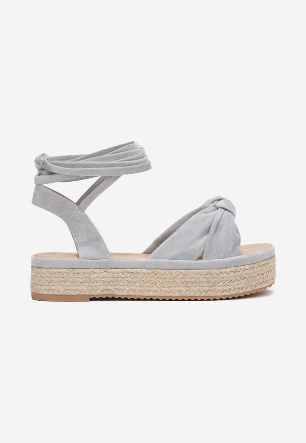 Renee - Niebieskie Wiązane Sandały z Supełkiem na Jutowej Platformie Dapina. Zapięcie: pasek. Kolor: niebieski. Materiał: materiał. Obcas: na platformie. Styl: boho
