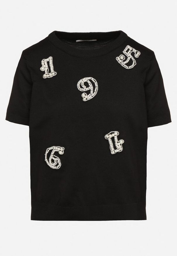Born2be - Czarny T-shirt Ozdobiony Naszywkami Perełkami i Cyrkoniami Karavia. Okazja: na co dzień, na spacer. Kolor: czarny. Materiał: jeans. Wzór: aplikacja. Styl: klasyczny, casual